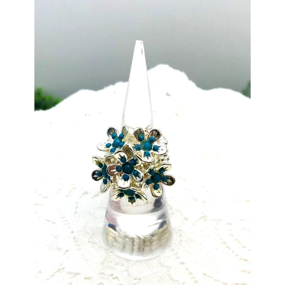Floral Silver Tone with Blue Enamel Floral Adjustable Stretch Ring